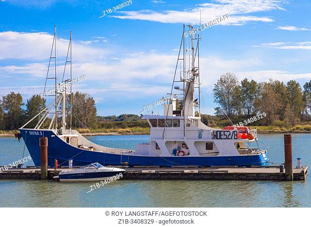 American fishing vessel Dayna S tied up at a dock in Steveston British Columbia Canada