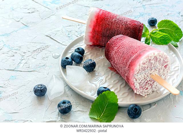 Plate of vegan berry popsicles with coconut milk, fresh blueberries and green mint on a white concrete table