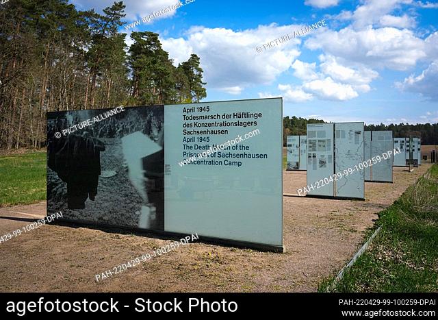 27 April 2022, Brandenburg, Wittstock/Dosse: An open-air exhibition stands on the grounds of the Below Forest Memorial. The memorial commemorates the last days...