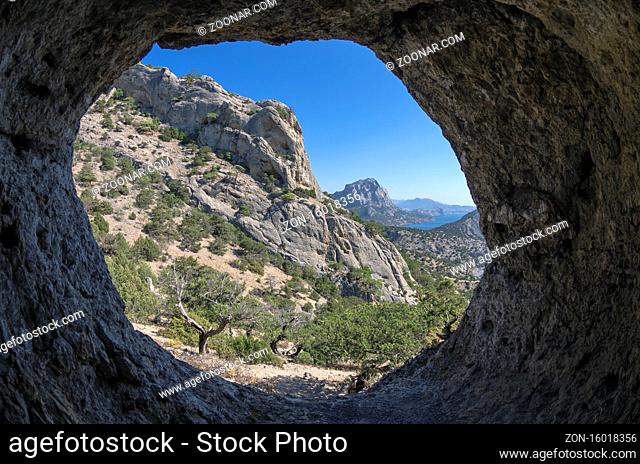 View of the Crimean Mountains from inside the rock grotto
