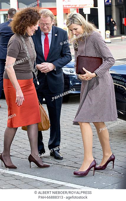 Dutch Queen Maxima (R) visits The Hague University of Applied Sciences (THUAS) on 22 March 2016 in The Hague to share her expertise in inclusive finance during...