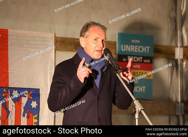 06 March 2023, Thuringia, Triptis: Björn Höcke, chairman of the AfD in Thuringia, speaks at an event declared as a vigil at the gates of the porcelain factory
