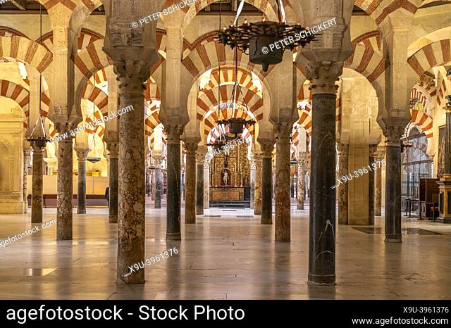 Moorish arches and columns of the Mezquita - Mosque–Cathedral of Córdoba interior, Andalusia, Spain