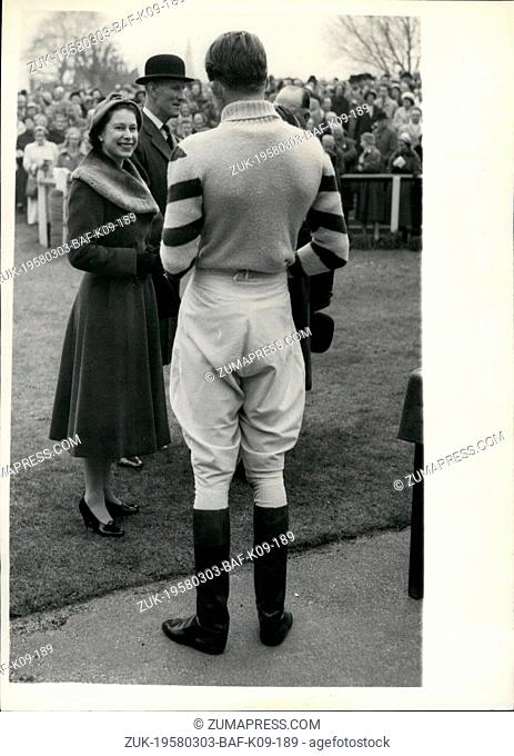 Mar. 03, 1958 - Racing At Sadnown Park. Queen Presents Gold Cup The Queen talks to Nicholas Nuttall-the jockey of 'Stalridge Park'- after presenting him with...