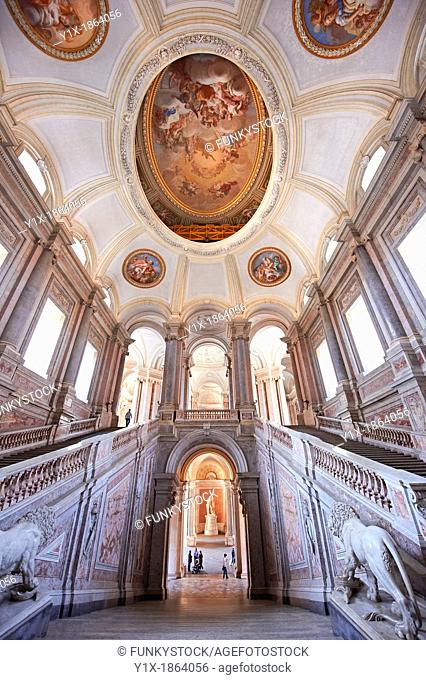 The Baroque Honour Grand Staircase entrance to the Bourbon Kings of Naples Royal Palace of Caserta, Italy  A UNESCO World Heritage Site