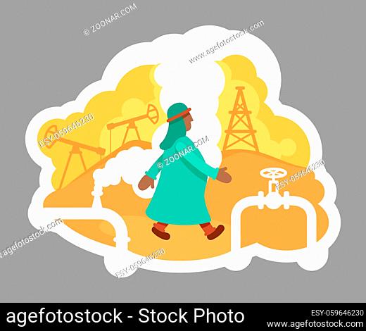 Oil driller 2D vector web banner, poster. Gas extraction, petroleum production. Arabian businessman flat characters on cartoon background