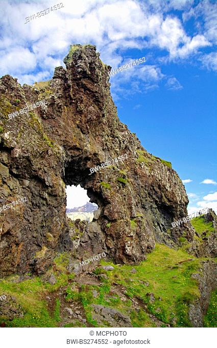 rock window with view of Snaefellsjoekull glacier, Iceland, Dritvik