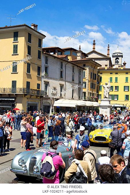 Jaguar, XK 120 OTS, View of the starting grid, Mille Miglia 2014, 1000 Miglia, Oldtimer, motor race, rallye, Piazza della Vittoria, Brescia, Lombardy, Italy