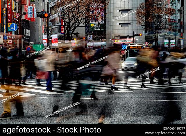Hustle and bustle of Shibuya scramble intersection. Shooting Location: Tokyo metropolitan area