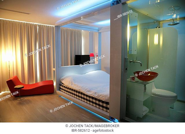 Room at the Qbic Hotel, modern designer hotel in the World Trade Center complex, Amsterdam, The Netherlands, Europe