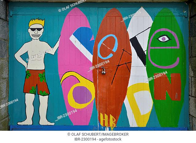 Colourful, cartoon-like surfing graffiti at the beach, Aberdeen, Scotland, United Kingdom, Europe