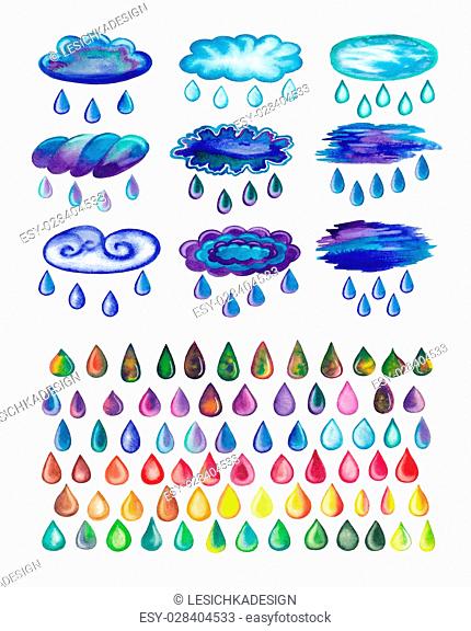 Set of abstract hand drawn watercolor drops isolated on white background. Watercolor painted rainy clouds