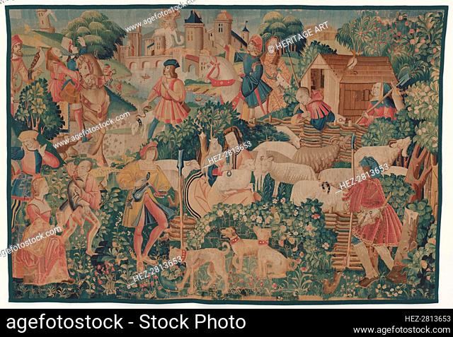 Hunting and Pastoral Scenes, with a shepherdess shearing, c. 1510. Creator: Unknown