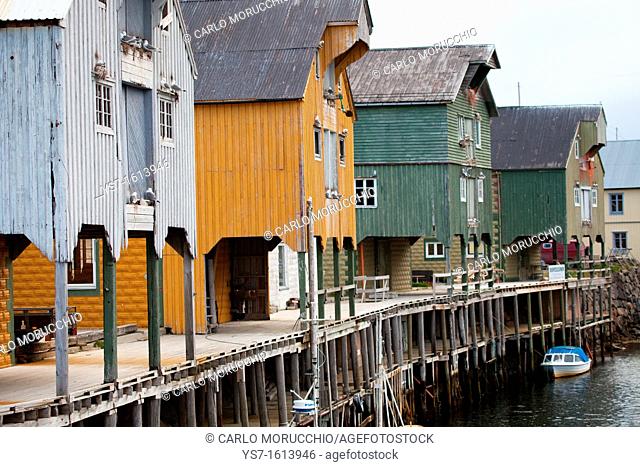 Houses on the harbour of Nyksund village, Langøya island, Vesterålen archipelago, Troms Nordland county, Norway