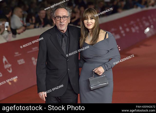 ROME, ITALY - OCTOBER 19: Director Tim Burton and Monica Bellucci attend a red carpet for the movie ""Diabolik Chi Sei?"" during the 18th Rome Film Festival at...