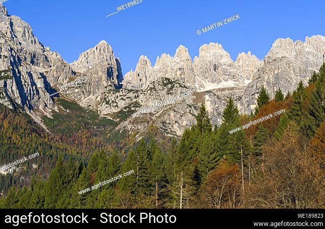 Peaks of Dolomiti di Brenta high above Valle delle Seghe near Molveno. Dolomiti di Brenta, part of UNESCO world heritage Dolomites. Europe, Italy