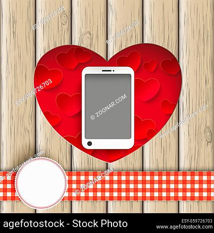 Heart hole with smartphone and wooden background. Eps 10 vector file