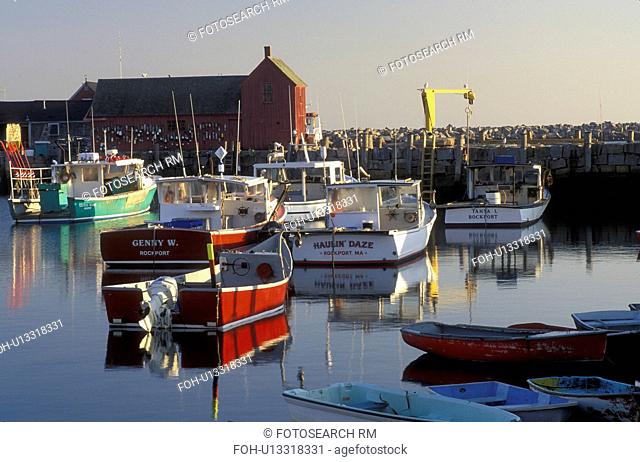 Rockport, harbor, lobster boats, MA, Massachusetts, Fishing boats docked in Rockport Harbor in the fishing village of Rockport in the fall
