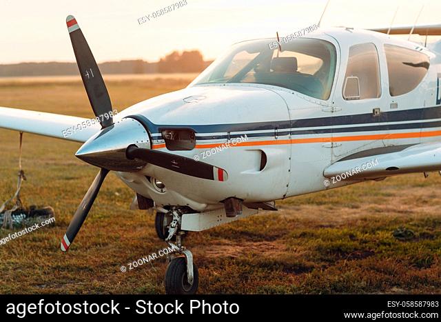 RUSSIA, MOSCOW - AUGUST 1, 2020: Small private single engine propeller airplane at regional airport