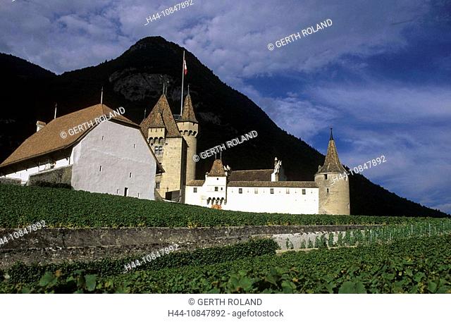 Switzerland, Europe, canton Vaud, Aigle, castle, vineyards, vineyard, summer, mountains, mountain, alps, alpine, natur