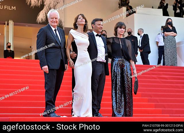 07 July 2021, France, Cannes: Actor Andre Dussollier (l-r), actress Sophie Marceau, director Francois Ozon and actress Geraldine Pailhas attend the screening of...