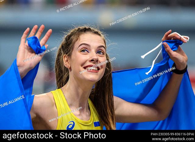 05 March 2023, Turkey, Istanbul: Athletics/Hall: European Championships, women's high jump final, gold medalist Yaroslava Mahuchikh from Ukraine cheers