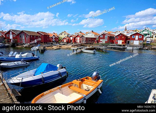 Colorful houses, boats, summer, Smögenbryggan, Smögen, Skagerrak, Bohuslän, Västra Götalands län, Vastra Gotaland, Sweden