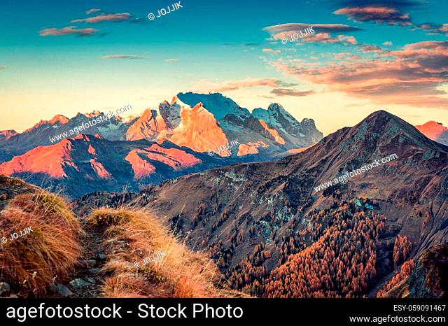Fantastic morning view from the top of Giau pass. Colorful autumn sunrise in Dolomite Alps, Cortina d'Ampezzo location, Italy, Europe