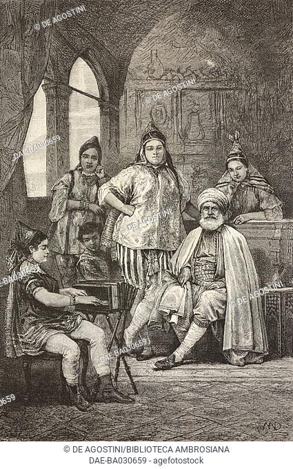 Jewish man and young Jewish people in Tunis, Tunisia, drawing by Diogene Maillard (1840-1926) from a photograph by Catalanotti
