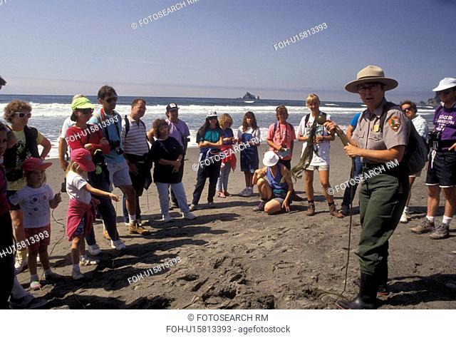 ranger talk, Olympic National Park, Washington, Olympic Peninsula, Ranger gives talk to a group of people on Rialto Beach in Olympic National Park in the state...