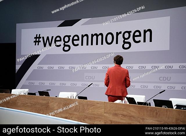 15 January 2021, Berlin: Outgoing CDU chair Annegret Kramp-Karrenbauer stands with her back to a table with monitors at the CDU's digital federal party...