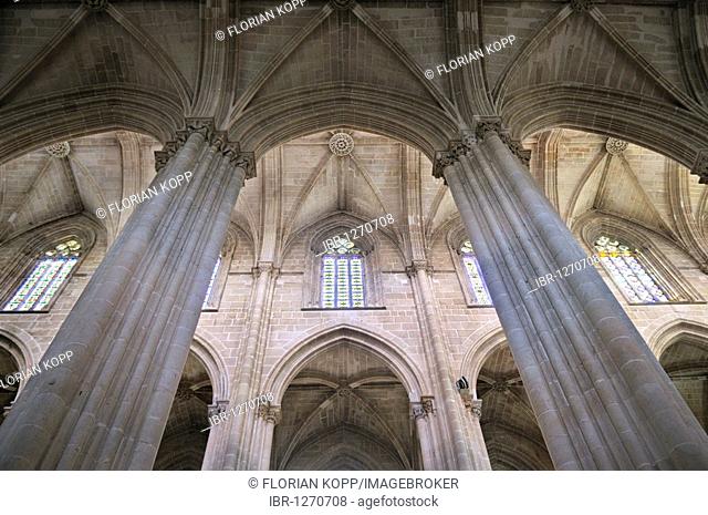 Pillars and vaulted ceiling in the interior of the Gothic basilica of the Dominican monastery Mosteiro de Santa Maria da Vitoria, UNESCO World Heritage Site