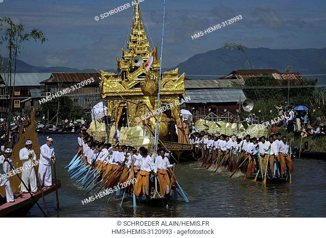 Myanmar, Shan State, Inle Lake, each year during the month of Thadingyut, around October, there is an 18-day festival during which four of the gold statues of...