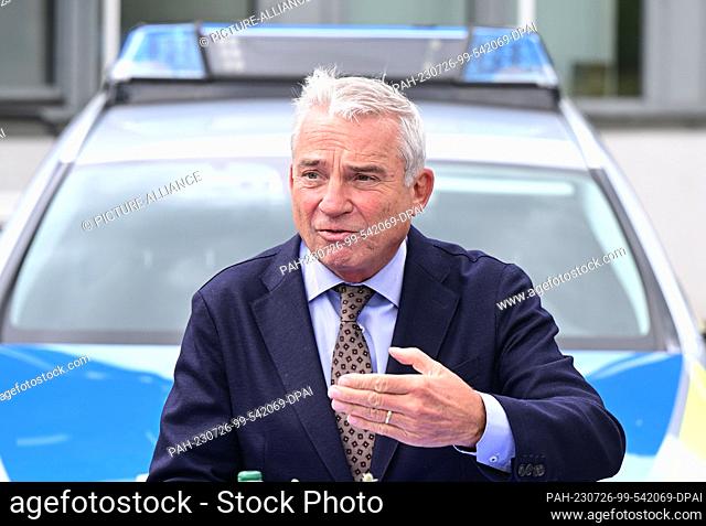 26 July 2023, Baden-Württemberg, Pforzheim: Thomas Strobl (CDU), Interior Minister of Baden-Württemberg, speaks at a presentation of dashcam systems in police...