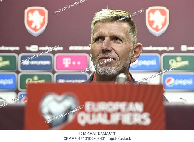 Czech coach Jaroslav Silhavy speaks to journalists during the press conference prior to the football Euro 2020 qualifier group A match Czech Republic vs England...