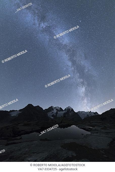 Panoramic of Milky Way on Piz Bernina, Fuorcla Surlej, Corvatsch, canton of Graubünden, Engadine, Switzerland