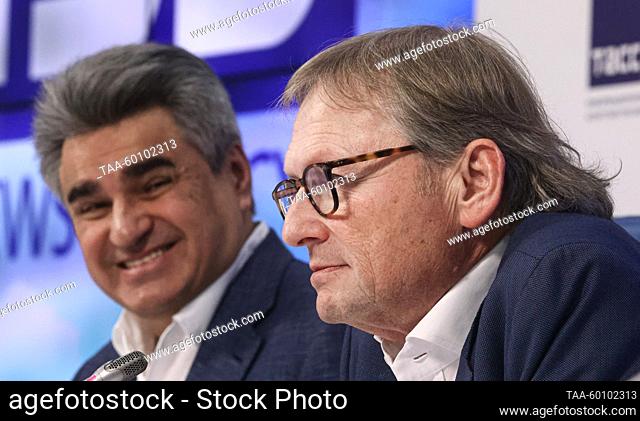 RUSSIA, MOSCOW - JUNE 27, 2023: New People Chairman Alexei Nechayev (L) and Party of Growth Chairman Boris Titov attend a press conference on the upcoming...