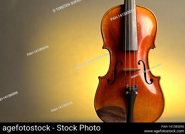 An old violin with slight scratches and damage in the bleed against a neutral, yellow background with free space for text. | usage worldwide