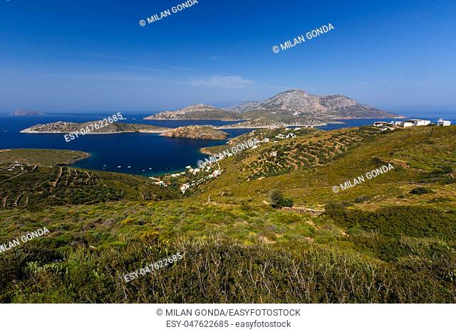 Kampi village on Fourni island and view of Thymaina island, Greece.