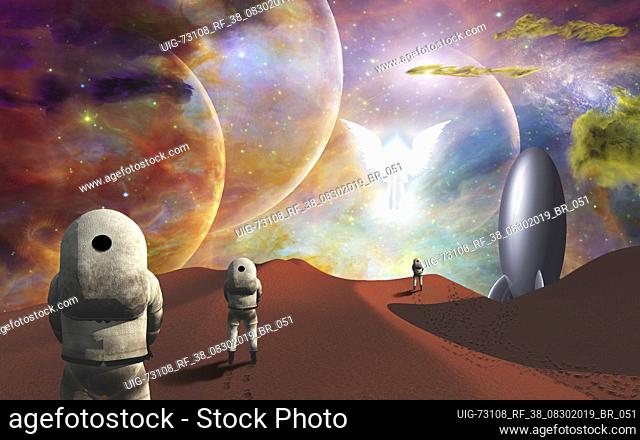 Astronauts on alien planet and their rocket ship greeted by angelic glowing winged figure