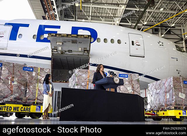United States Vice President Kamala Harris speaks on Operation Fly Formula in front of a United Airlines plane that delivered pallets of Kendamil infant formula...