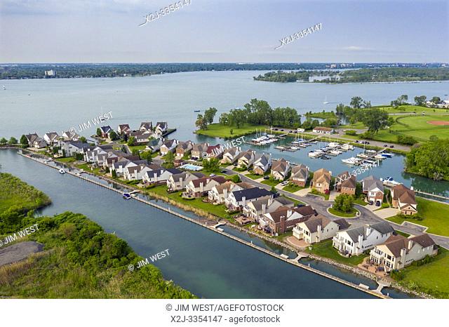 Detroit, Michigan - Shorepointe Village, an exclusive waterfront, gated development on the Detroit River. Homes in the development sell for over $400