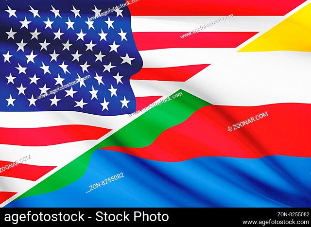 Flags of USA and Union of the Comoros blowing in the wind. Part of a series