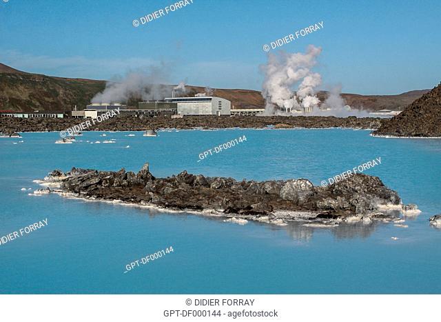 VIEW OF AN AREA CLOSED TO BATHING ON THE BLUE LAGOON WITH, IN THE BACKGROUND, THE SVARTSENGI GEOTHERMAL PLANT, HOT SPRINGS AND SILICA MUD, GRINDAVIK