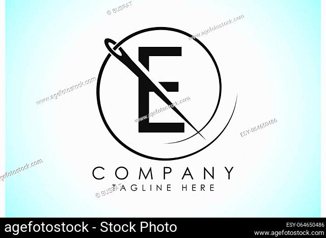 English alphabet E with sewing needle and thread Icon. Tailoring logo design concept