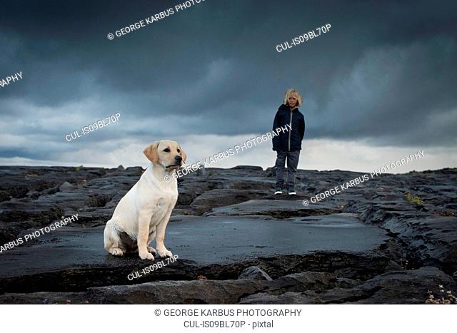Young boy on rocks with pet Labrador dog, Doolin, Clare, Ireland