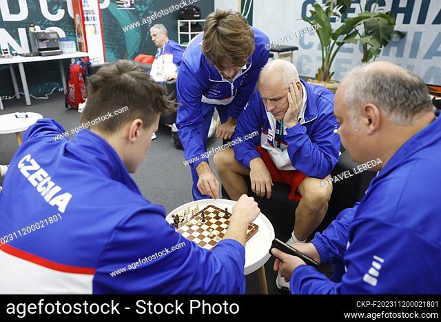 (L-R) Tennis players Jakub Mensik and Tomas Machac, coach Daniel Vacek and physiotherapist Pavel Kovac of Czech team before the final group matches of the men's...
