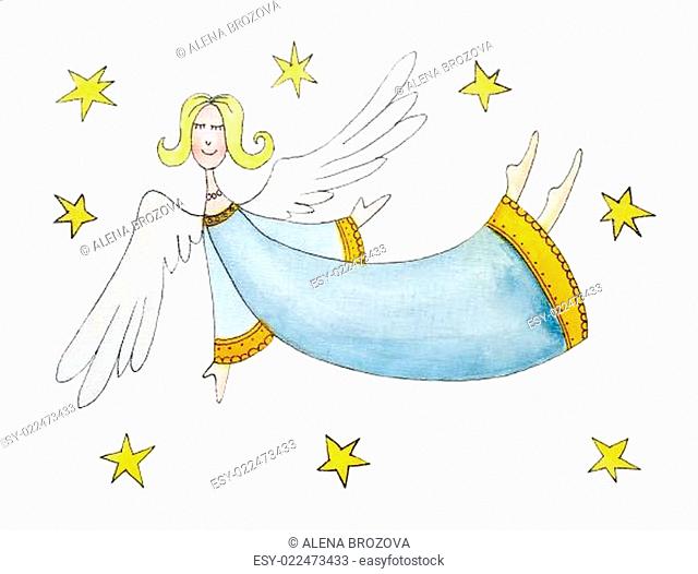Angel with stars, child's drawing, watercolor painting on paper