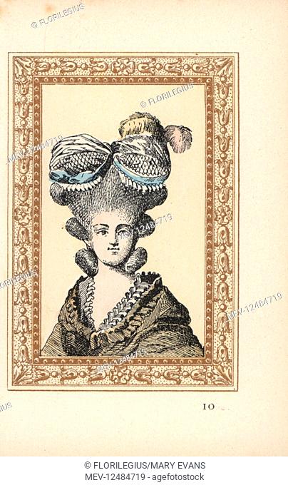 Woman in the Suzanne bonnet with lace, ribbons and plumes. Bonnet a la Suzanne, inspired by Mlle. Contat in the role of Suzanne in the Marriage of Figaro
