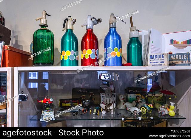 Old Soda siphons in Museum of Toys and Tales in Torun, Kuyavian Pomeranian Voivodeship of Poland